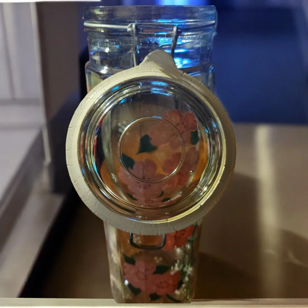 Vtg Sealing Clear Glass Pink Flower 🌸  Hand Painted Apothecary Canister